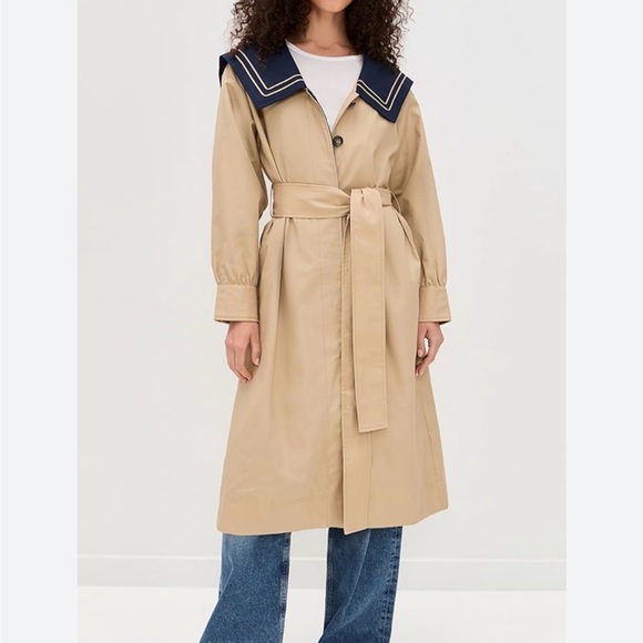 ISO Damson Madder Tan Trench Coat with Navy Collar - Picture 2 of 2
